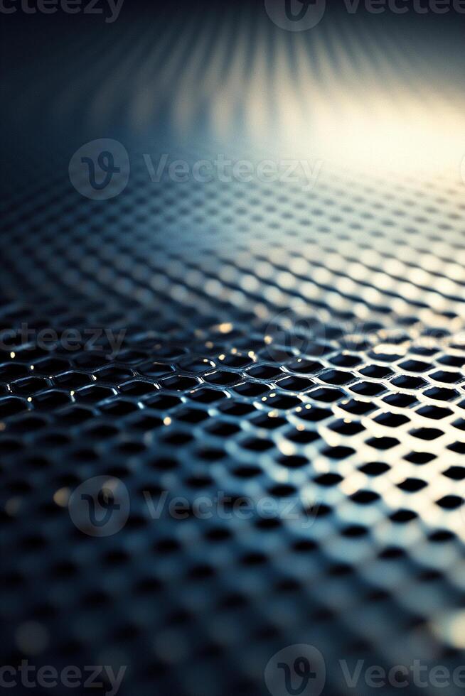 This abstract industrial backdrop features a detailed metal grid with geometric designs, set on a dark surface. Soft light reflections create visual depth, providing ample space for text overlay photo