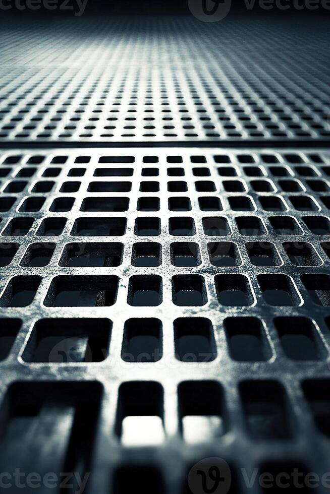 This backdrop showcases a metal grid with intricate geometric designs on a dark setting, accompanied by soft light reflections. It offers ample clean space for overlay text photo