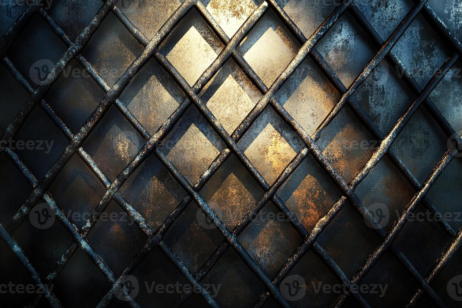 Abstract industrial backdrop features a metal grid with geometric designs against a dark setting. Soft reflections enhance the modern aesthetic, providing ample clean space for text photo