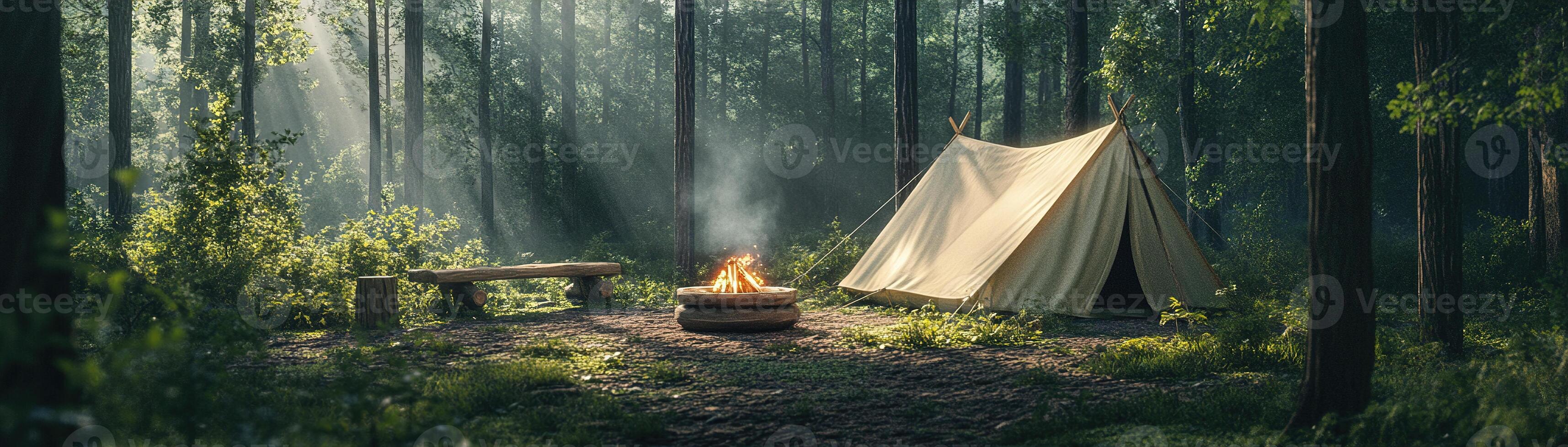 Discover a tranquil camping experience featuring a light canvas tent, a firepit, and a wooden log bench in a lush Nordic forest, illuminated by soft, natural light photo