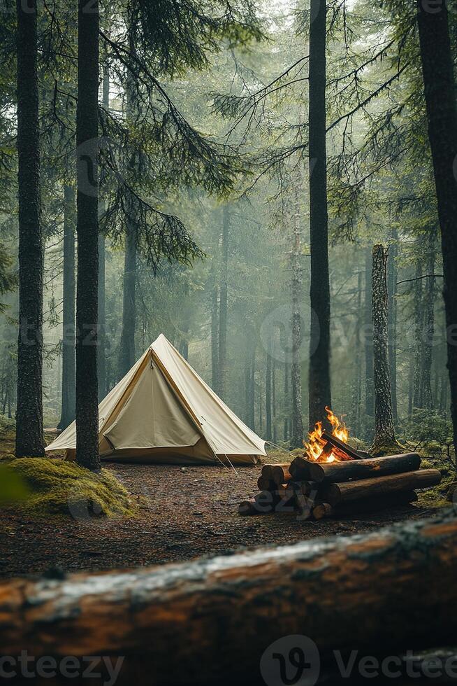 Minimalist camping setup features a light canvas tent, firepit, and wooden log bench nestled in a dense Nordic forest. Soft light filters through the trees, creating a natural and inviting atmosphere photo