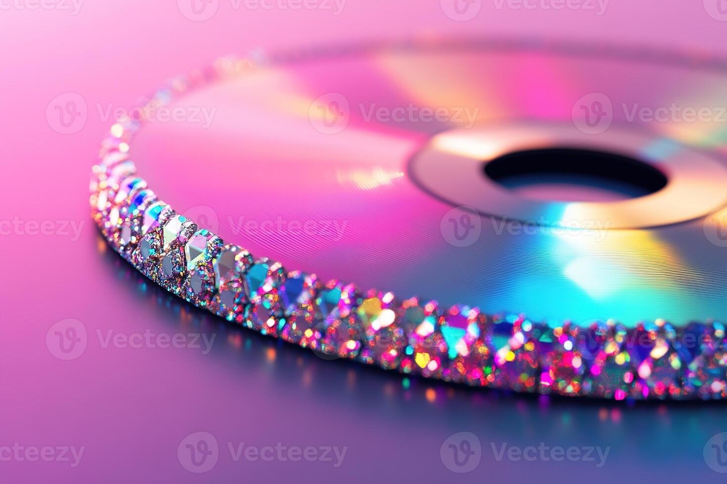 High-resolution close-up showcases a metallic CD adorned with jewel-encrusted edges. It radiates rainbow hues against a clean gradient backdrop, evoking nostalgia and luxury photo