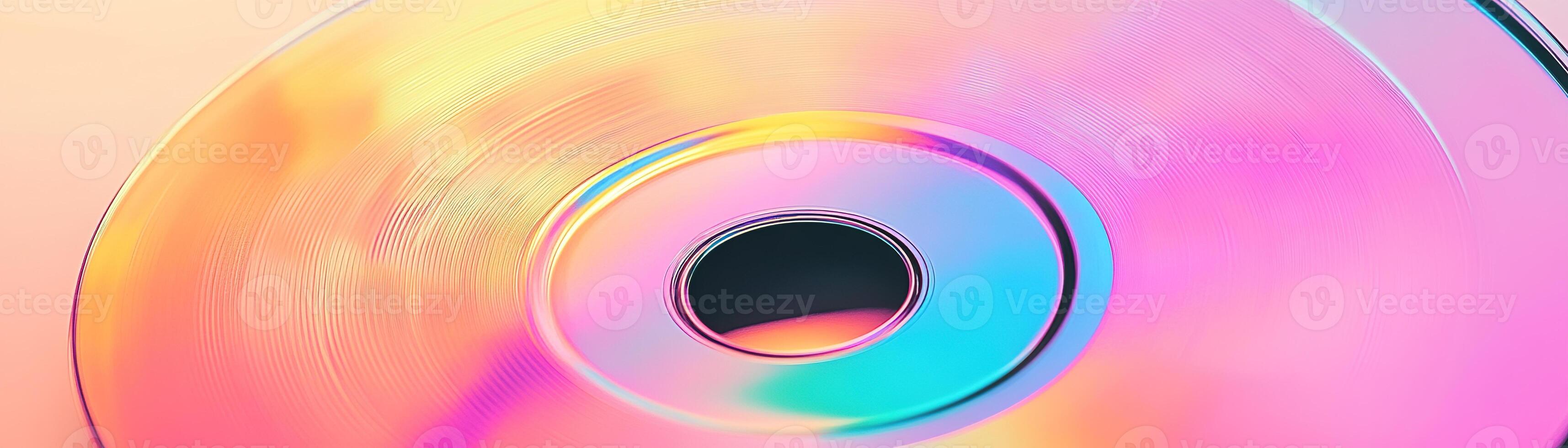 Featuring a close-up of a retro CD, vibrant rainbow reflections dance on its surface against a gentle pastel gradient, offering a nostalgic yet contemporary vibe perfect for text overlay photo