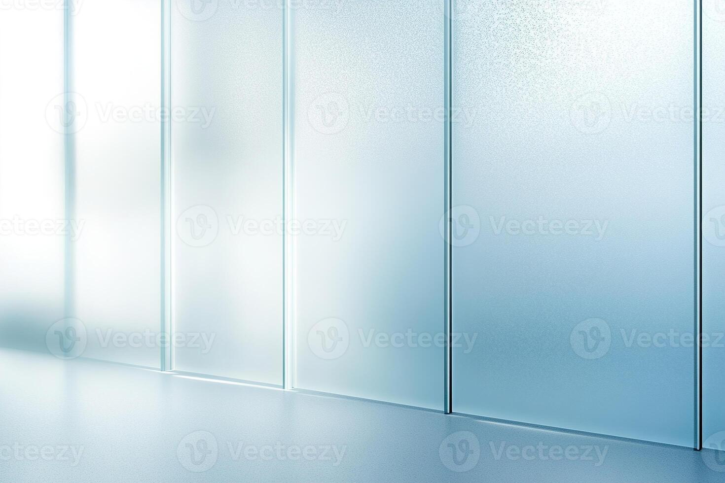 A sophisticated atmosphere is created by frosted glass panels with a light blue tint, casting gentle light reflections on a smooth surface, evoking tranquility and modernity photo