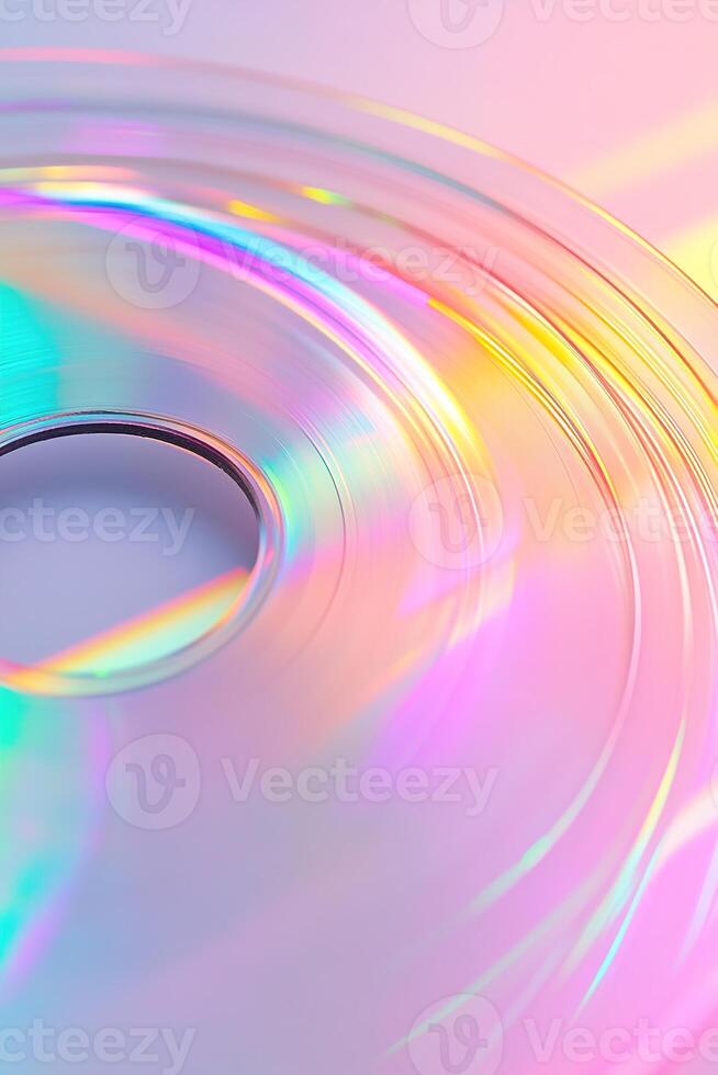 This artwork features a close-up of a retro CD, showcasing vibrant rainbow light reflections against a soft pastel gradient background, creating a nostalgic yet modern feel photo