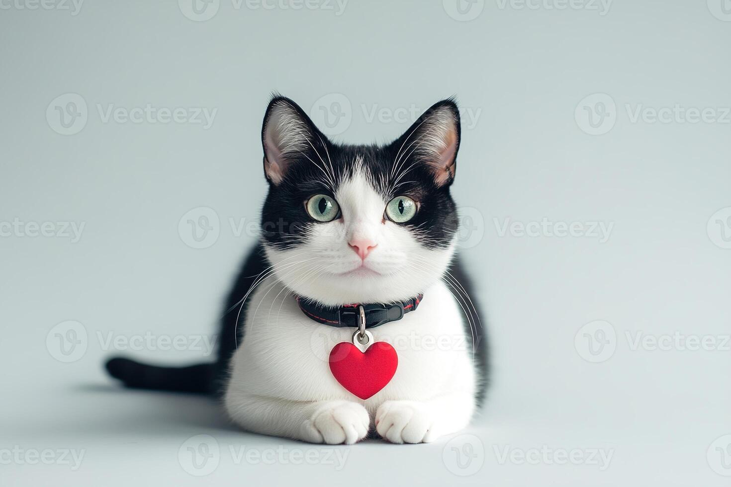 A sleek black-and-white cat sits elegantly against a neutral backdrop, wearing a collar adorned with a red heart-shaped tag, perfect for Valentine's Day greetings photo