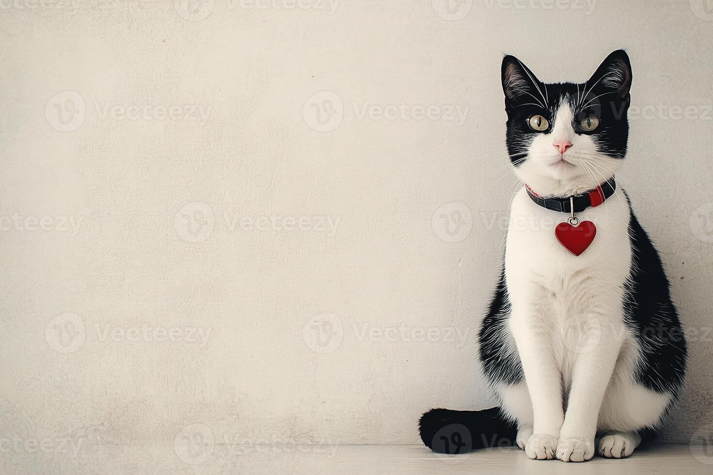 A sleek black-and-white cat sits elegantly against a neutral backdrop. It wears a red heart-shaped tag on its collar, embodying modern charm and simplicity, perfect for Valentine's Day photo