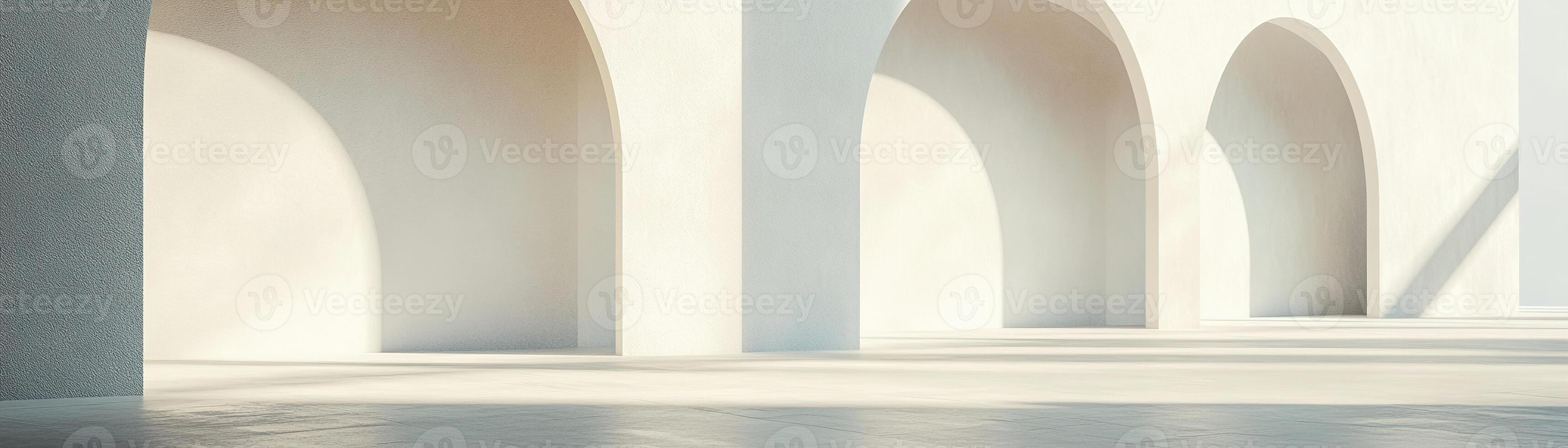 This composition showcases smooth white walls with elegant arched openings. Soft natural light fills the space, highlighting its calming ambiance and sophisticated interior design photo