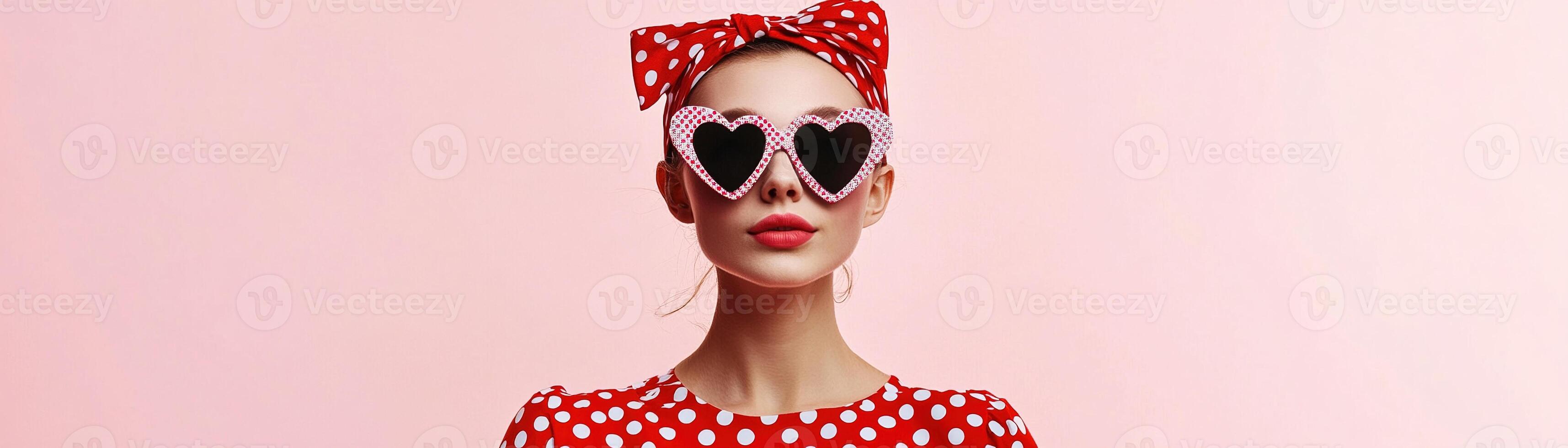 A cheerful individual showcases a vibrant red-and-white polka dot dress and matching headband. The playful heart-shaped sunglasses add a whimsical touch to her style against a soft pink background photo