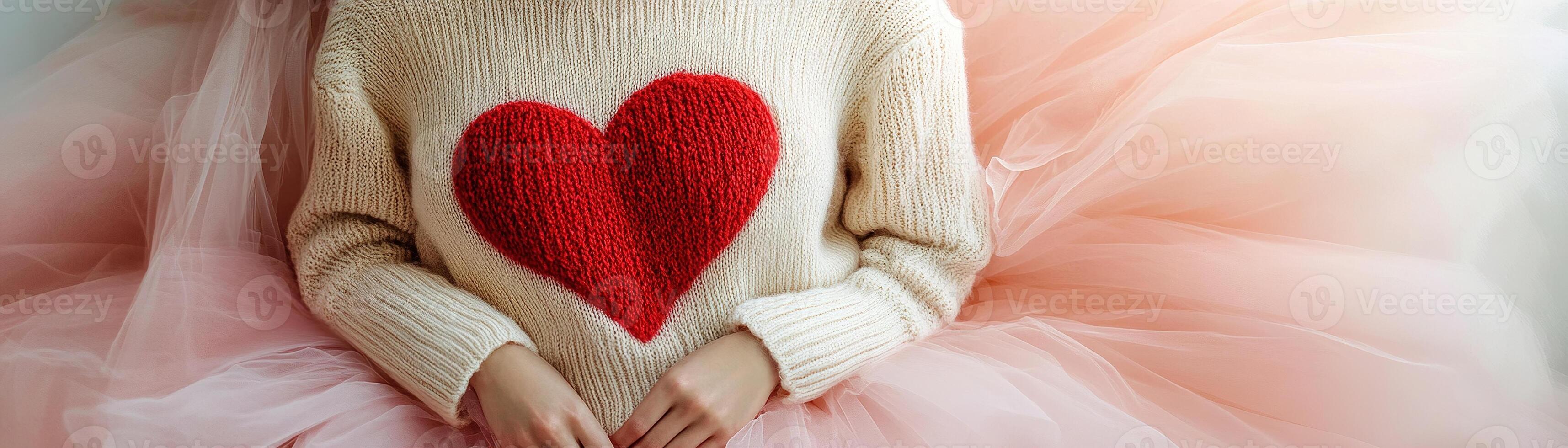 A person dressed in a cream sweater adorned with a large red heart sits gracefully in a fluffy pastel pink tulle skirt. The soft textures create a whimsical and romantic feel in the inviting setting photo