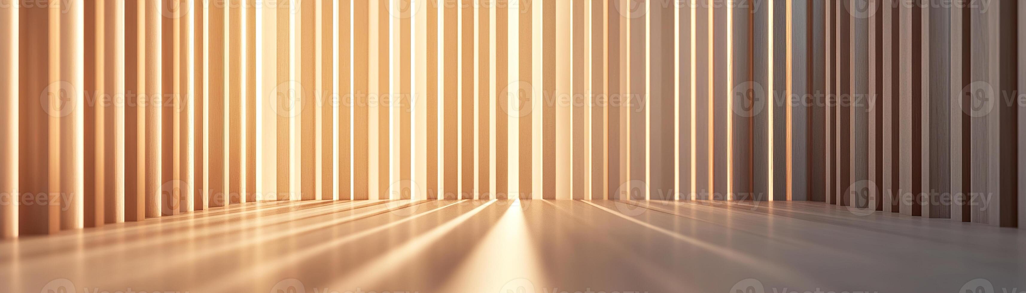 This artwork features vertical wooden slats that create intricate light patterns and geometric shapes against a neutral background photo