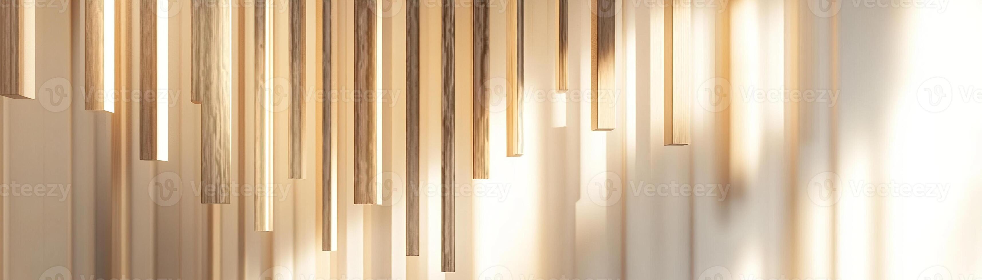 This abstract Nordic style background features vertical wooden slats interacting with light to create elegant geometric shapes on a neutral backdrop, ideal for text overlay photo