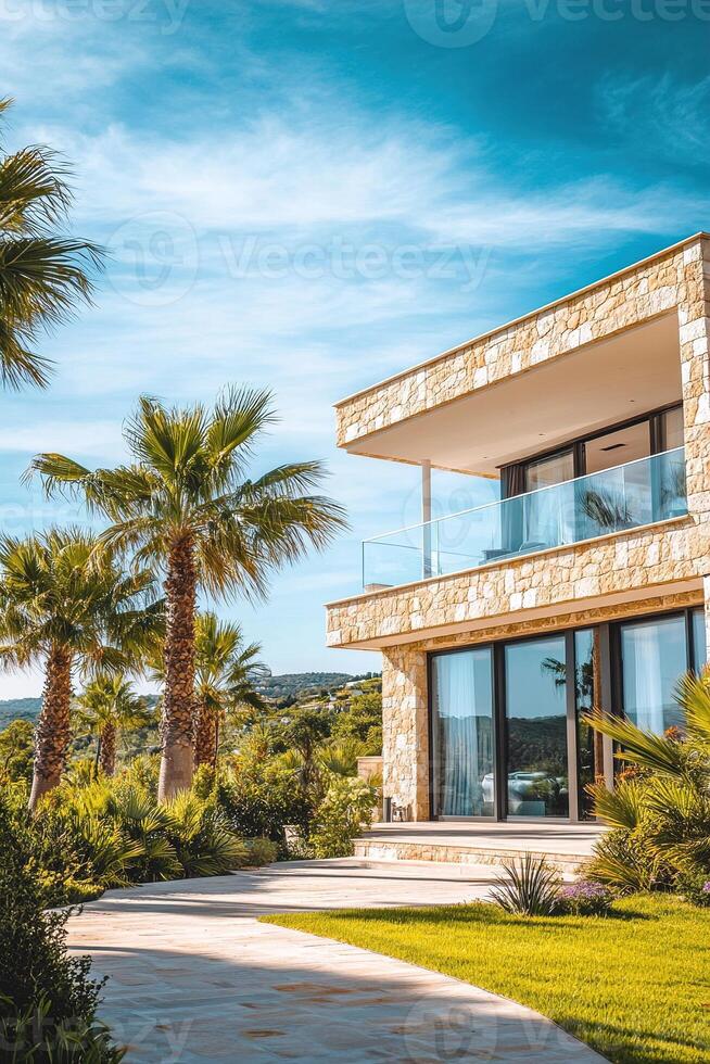 Modern villa boasts natural stone architecture with large glass windows, surrounded by palm trees and vibrant greenery, under a clear blue sky, exuding elegance and comfort photo