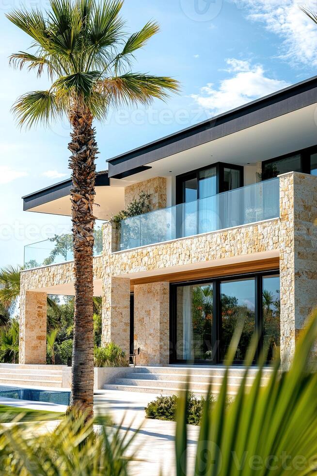 A stunning villa showcases natural stone architecture with expansive glass windows. Palm trees and manicured landscaping enhance the warm atmosphere, creating an inviting outdoor space photo