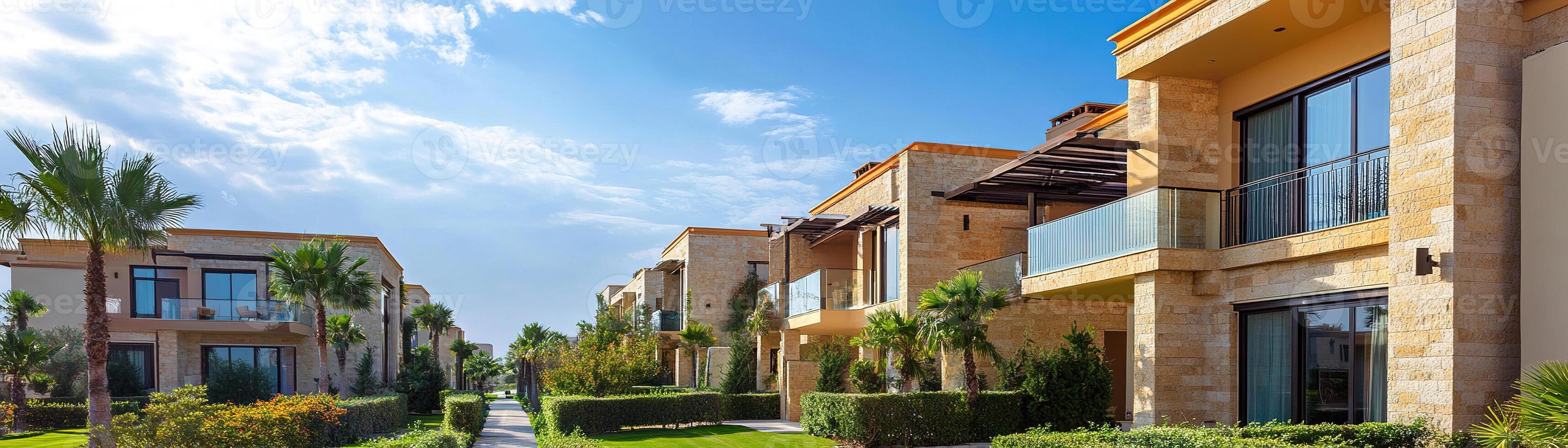 Set in a stunning location, this luxury villa showcases natural stone architecture, large glass windows, and beautifully manicured gardens featuring palm trees, inviting tranquility and elegance photo