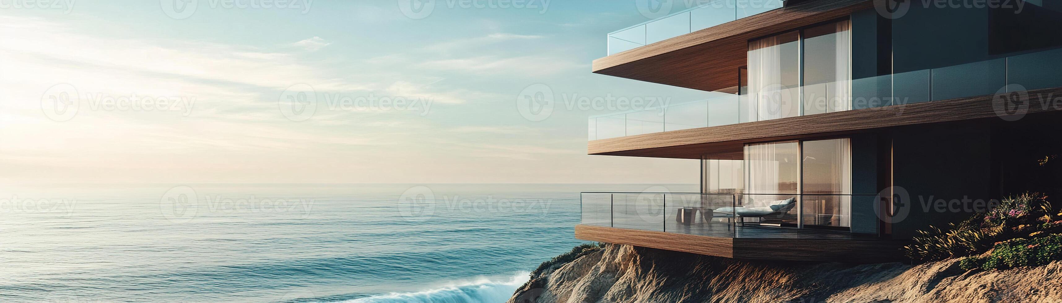Spacious luxury home situated on a cliff, featuring an expansive outdoor terrace with glass railings. The setting exudes calmness as it overlooks peaceful ocean waves and receives soft natural light photo
