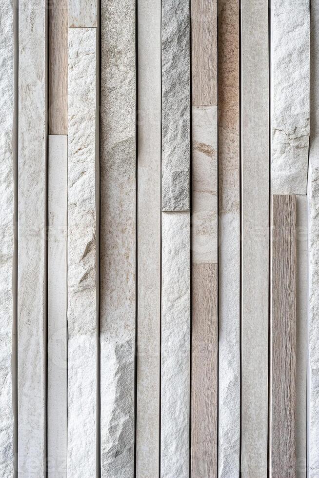 Soft, muted tones create a calming Nordic environment with alternating stone and wooden panels. The linear arrangement enhances the organic and elegant aesthetic while allowing clean space for text photo