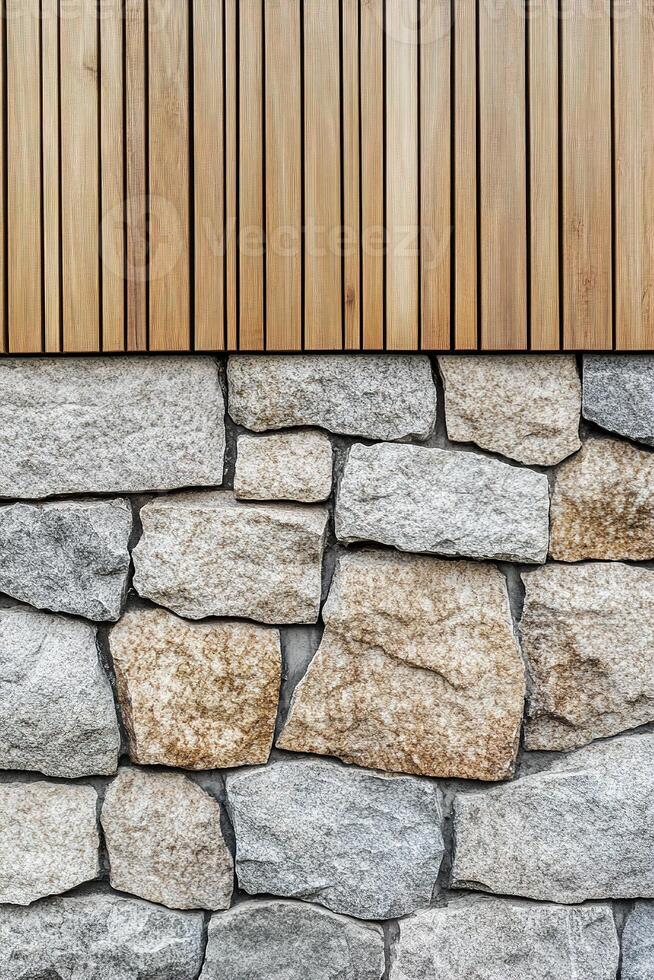 Calm and elegant Nordic background with alternating natural stone and wooden panels. This design creates a harmonious atmosphere ideal for text overlay and minimalistic presentations photo