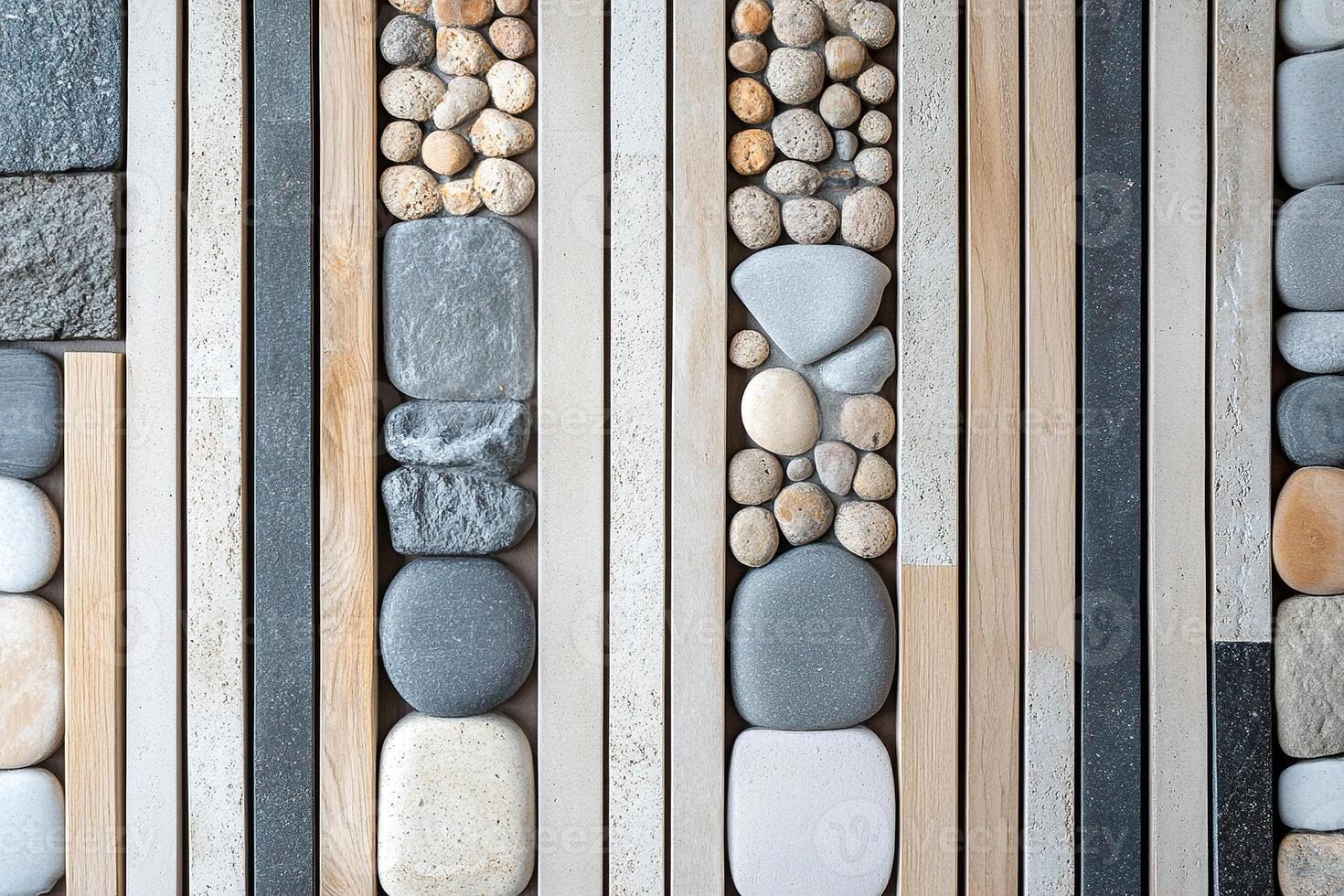 This calming Nordic background showcases natural stone and wooden panels arranged in linear patterns, creating an organic feel with ample clean space for design elements in muted tones photo