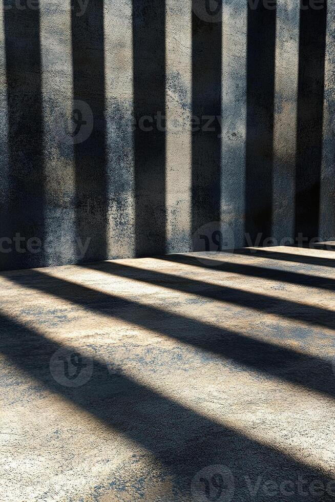 Black steel beams intersect dramatically, casting bold shadows across a smooth concrete surface, creating a modern and sleek architectural background with ample space for text overlay photo