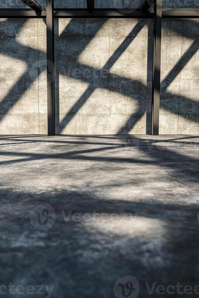 In a striking architectural setting, overlapping black steel beams create linear patterns of shadows across a smooth concrete surface, offering a sleek and dramatic aesthetic photo