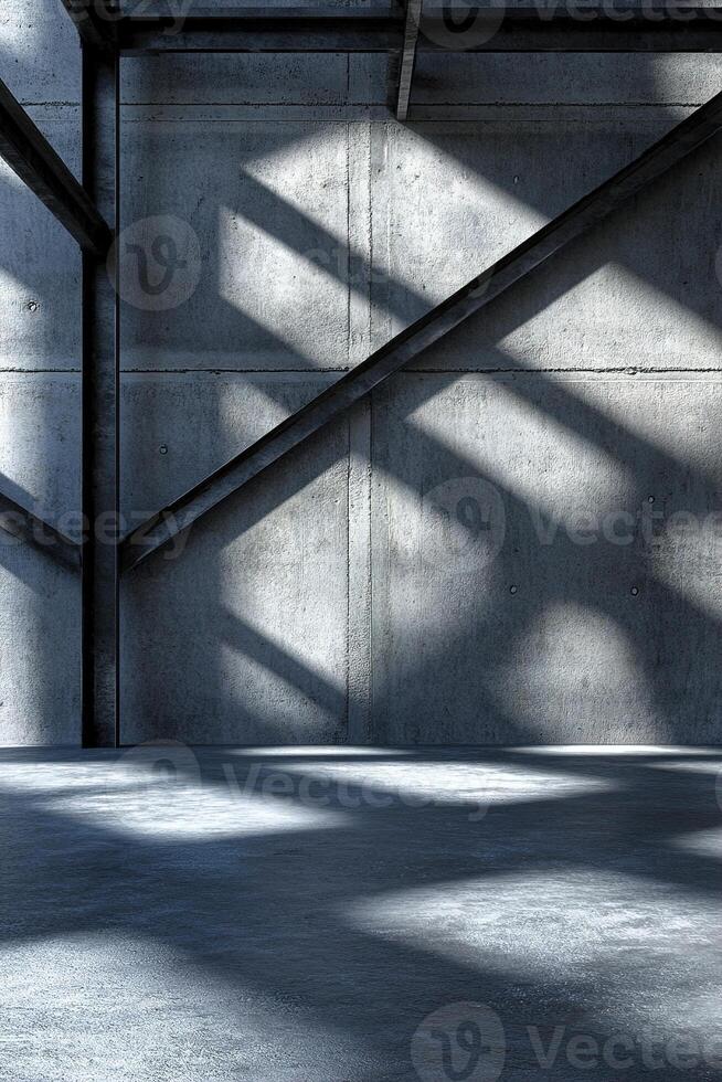 Overlapping black steel beams create striking linear shadows on a smooth concrete floor, showcasing a bold architectural design with ample space for text overlay photo