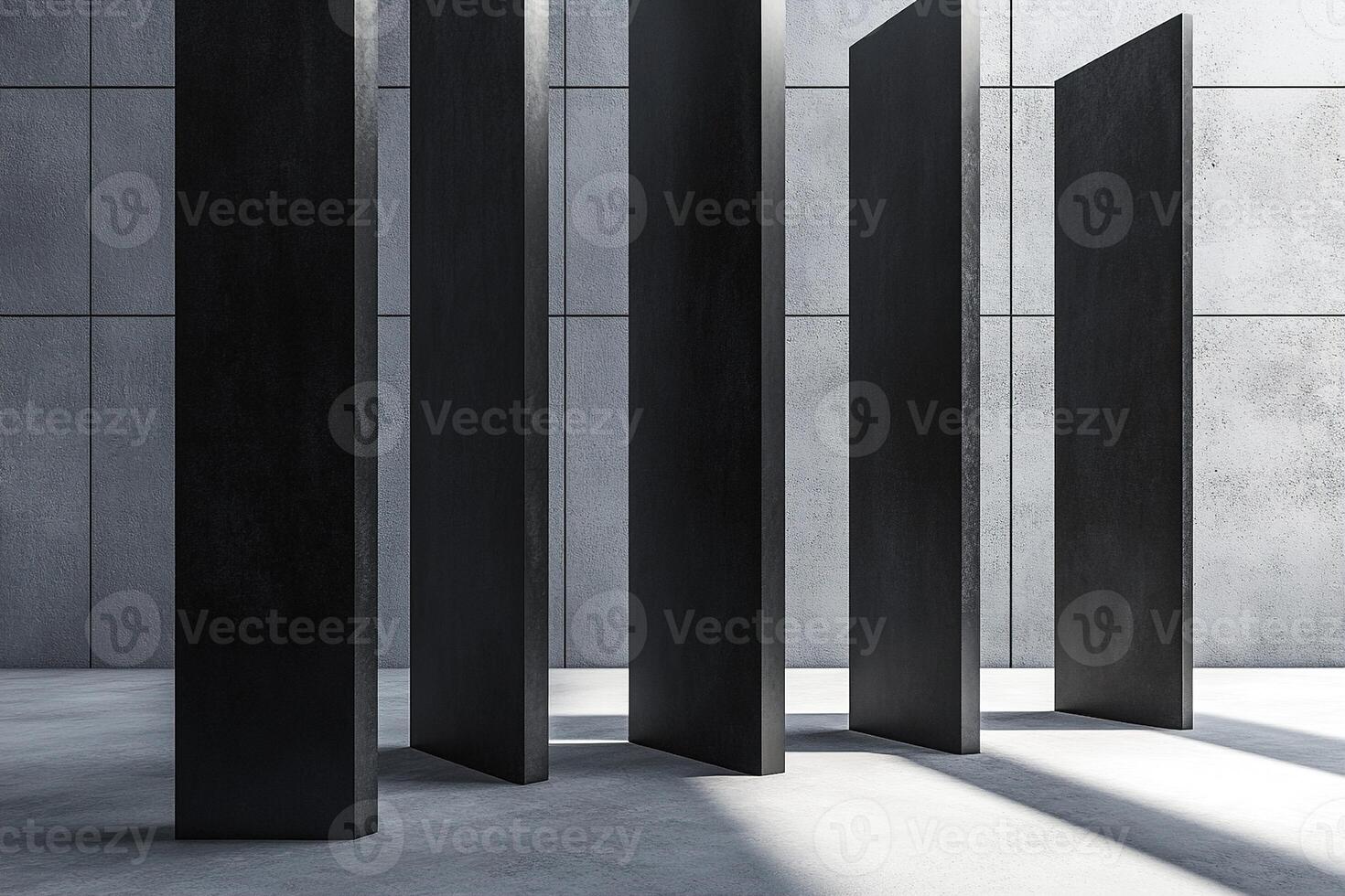 Bold architectural elements showcase overlapping black steel beams casting linear shadows on a smooth concrete floor. The space is minimalistic, offering room for graphic overlays photo