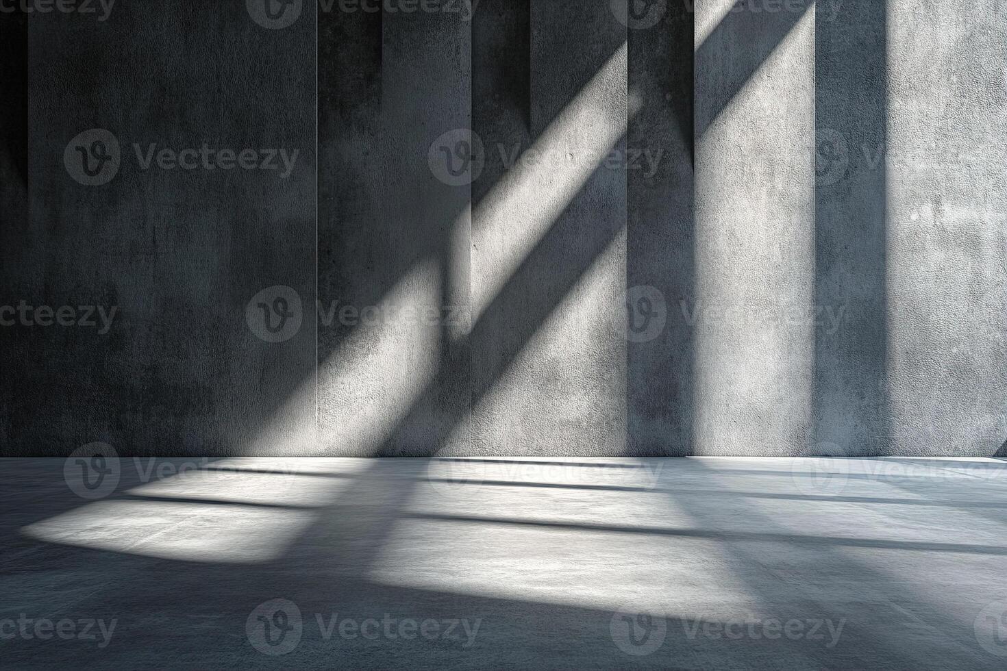 Strong steel beams create intersecting shadows across a smooth concrete surface in a spacious area. The dramatic lines enhance the modern architectural feel of the environment photo