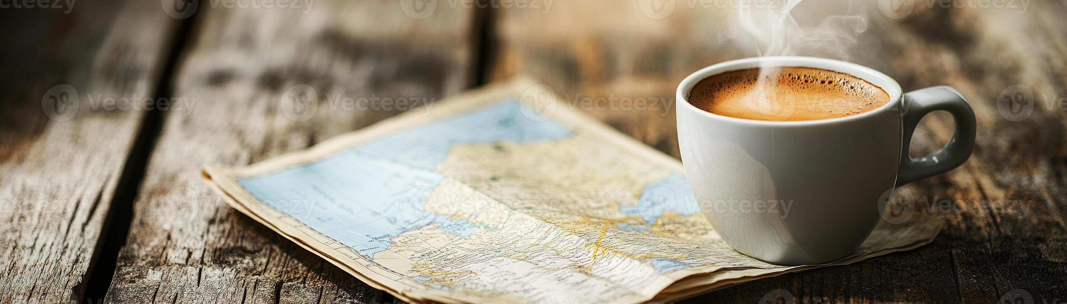 A steaming cup of coffee rests beside a folded map on a rustic wooden table, creating a warm travel-inspired atmosphere perfect for planning adventures or enjoying quiet moments photo