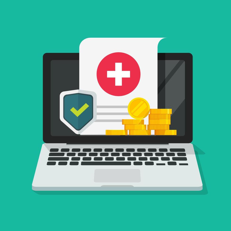 Medical health care insurance form protection online on computer or pc digital financial internet medicare healthcare document risk claim coverage flat, web pharmacy life allowance policy vector