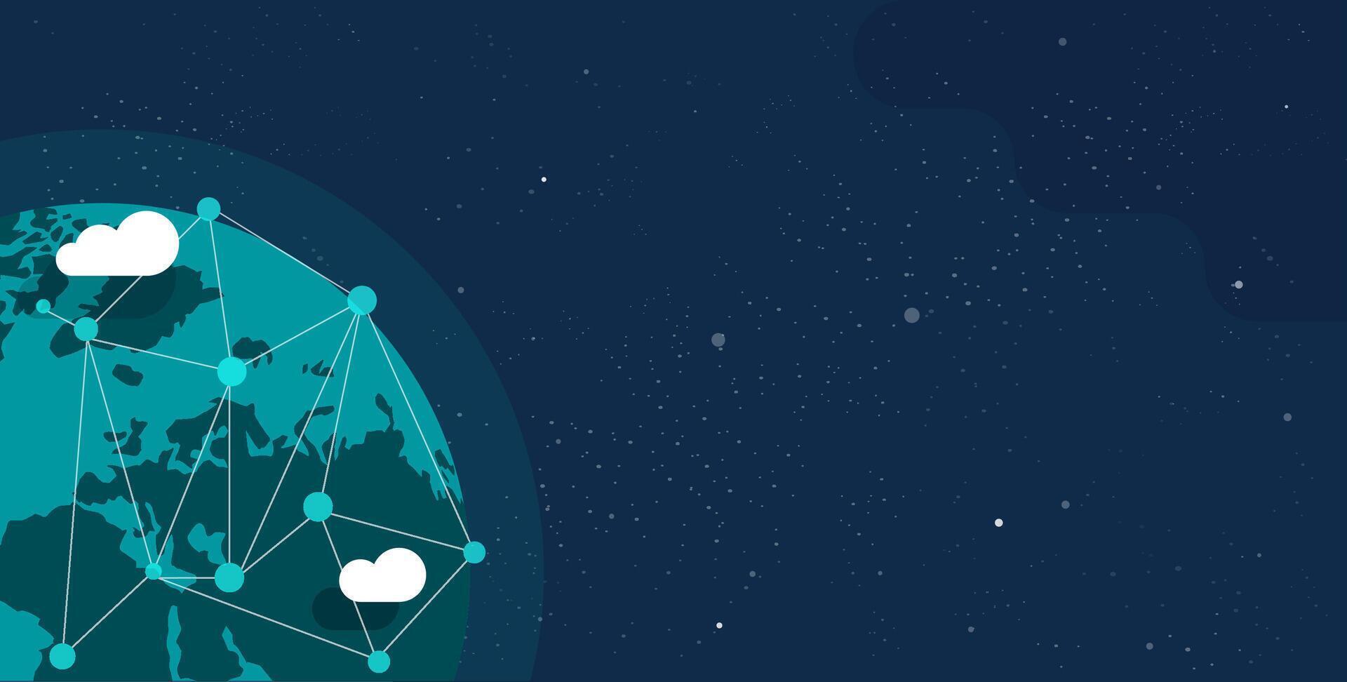 Global communication future technology business around the planet world from space web banner concept or earth internet social worldwide network flat cartoon illustration design copy space text vector