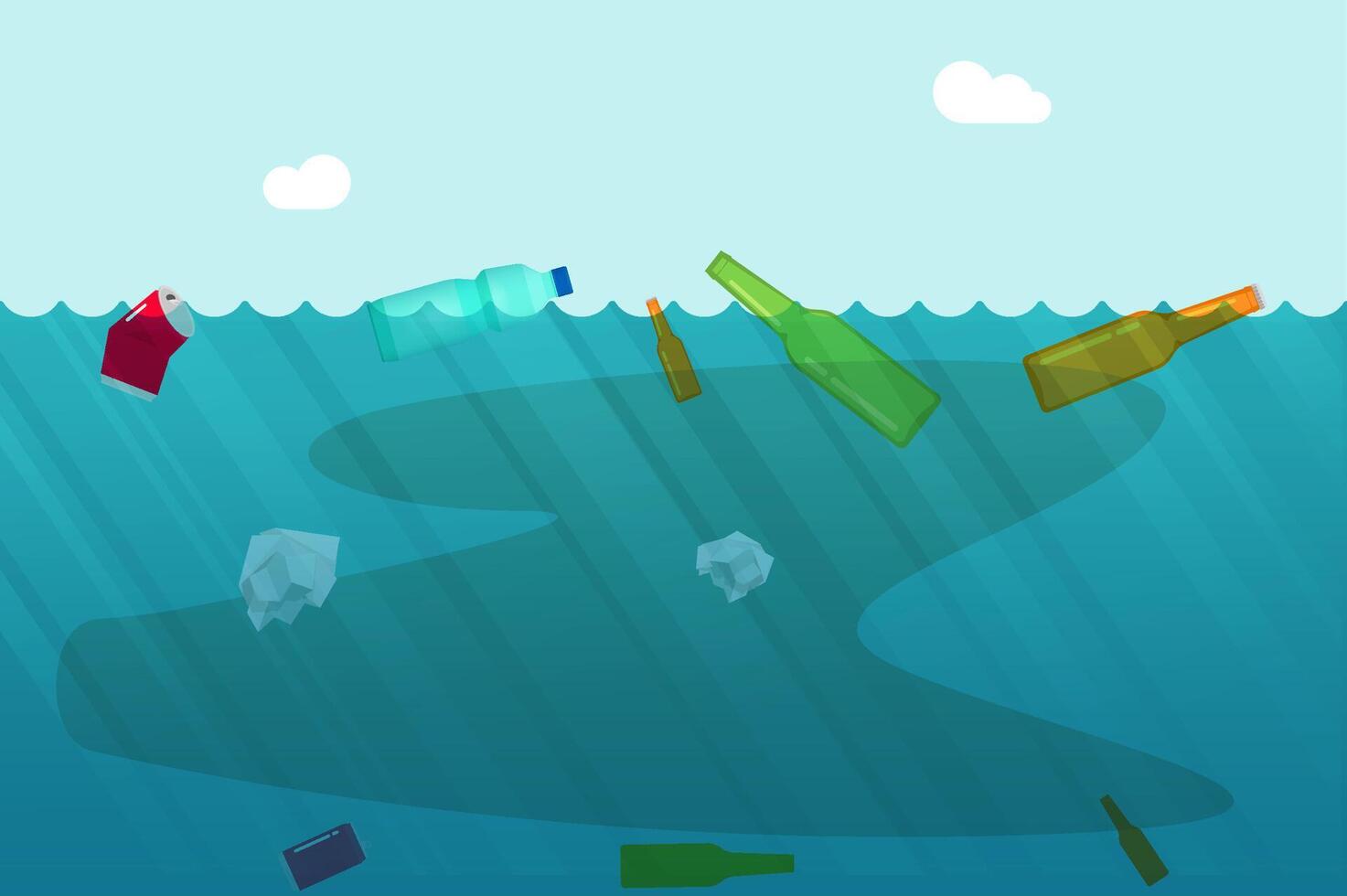 Water pollution concept with garbage trash floating on ocean or dirty sea as environmental problem flat cartoon illustration, idea of underwater chemical polluted issue modern design vector