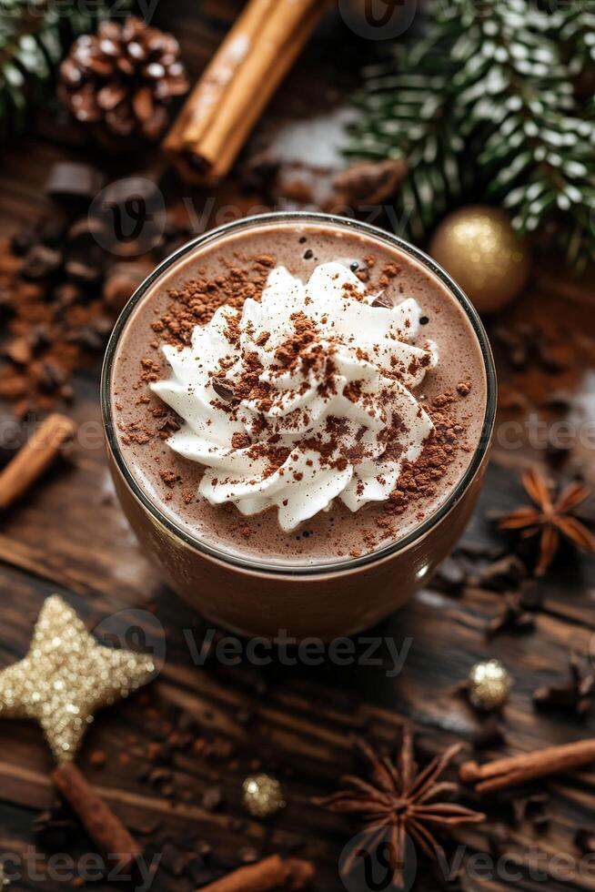 Enjoy a luxurious chocolate smoothie adorned with whipped cream, cocoa powder, and holiday spices. This cozy drink sits on a dark wooden table amidst subtle winter decor, inviting indulgence photo