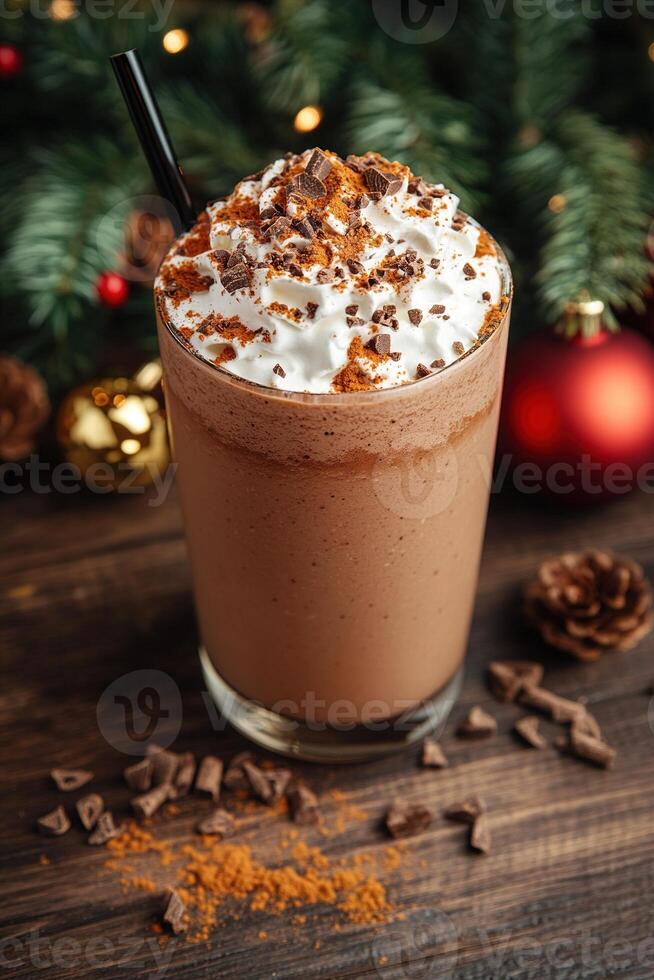 Luxurious chocolate smoothie sits on a dark wooden table, adorned with whipped cream, cocoa powder, and holiday spices. The subtle winter decor enhances the cozy atmosphere, perfect for indulgence photo