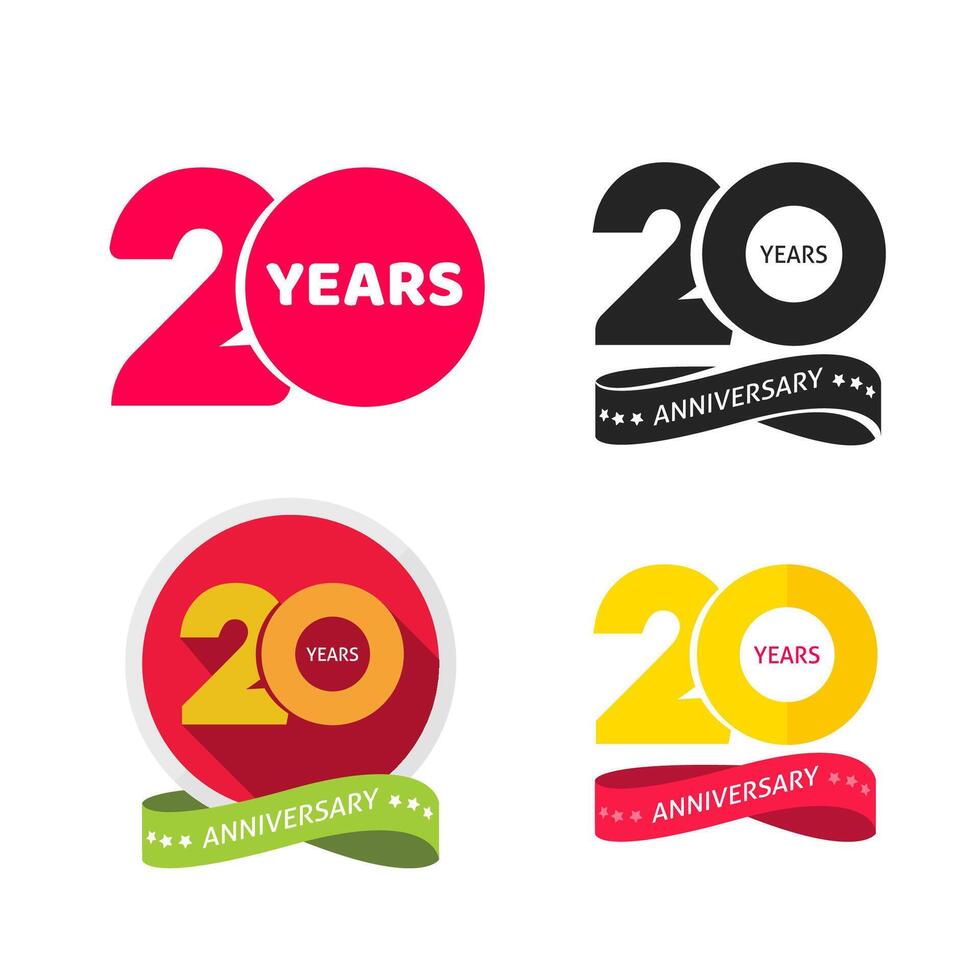 20 years anniversary logo icon or 20th year birthday symbol collection flat cartoon, twenty birthday party pictograms set isolated on white background clipart vector