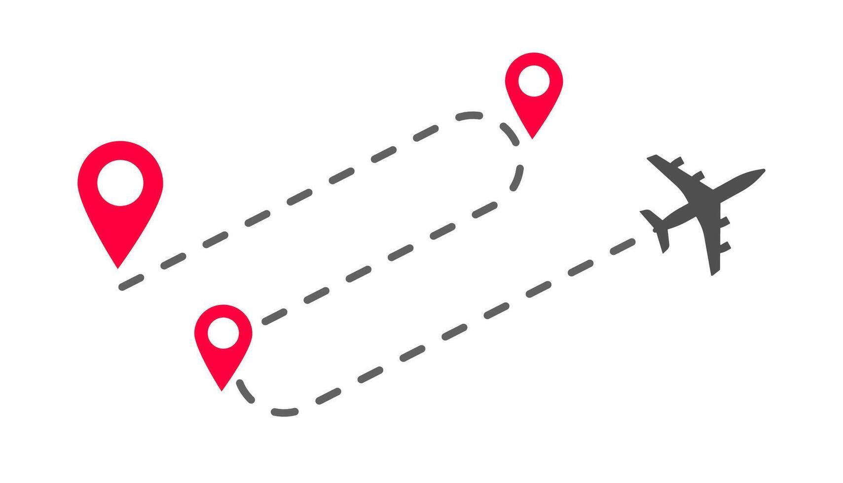 Plane flight way path trace with arrival pin pointer markers or track airplane route destination flat cartoon illustration, dashed line of fly trip vector