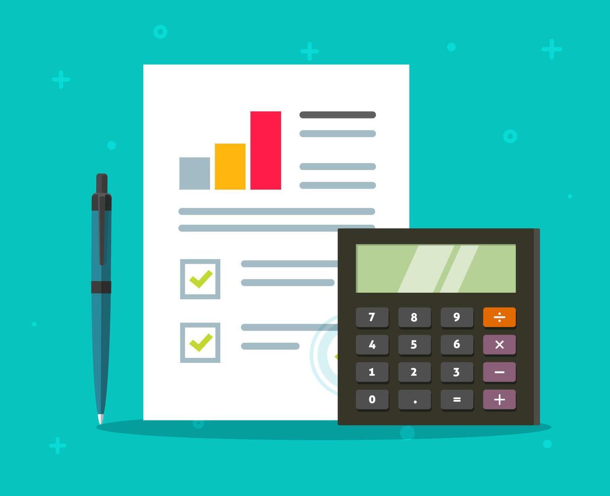 Accounting audit paper report with sales stats research growth graphs and calculator flat carton, concept of financial tax calculation process, analyzing marketing success diagram icon vector