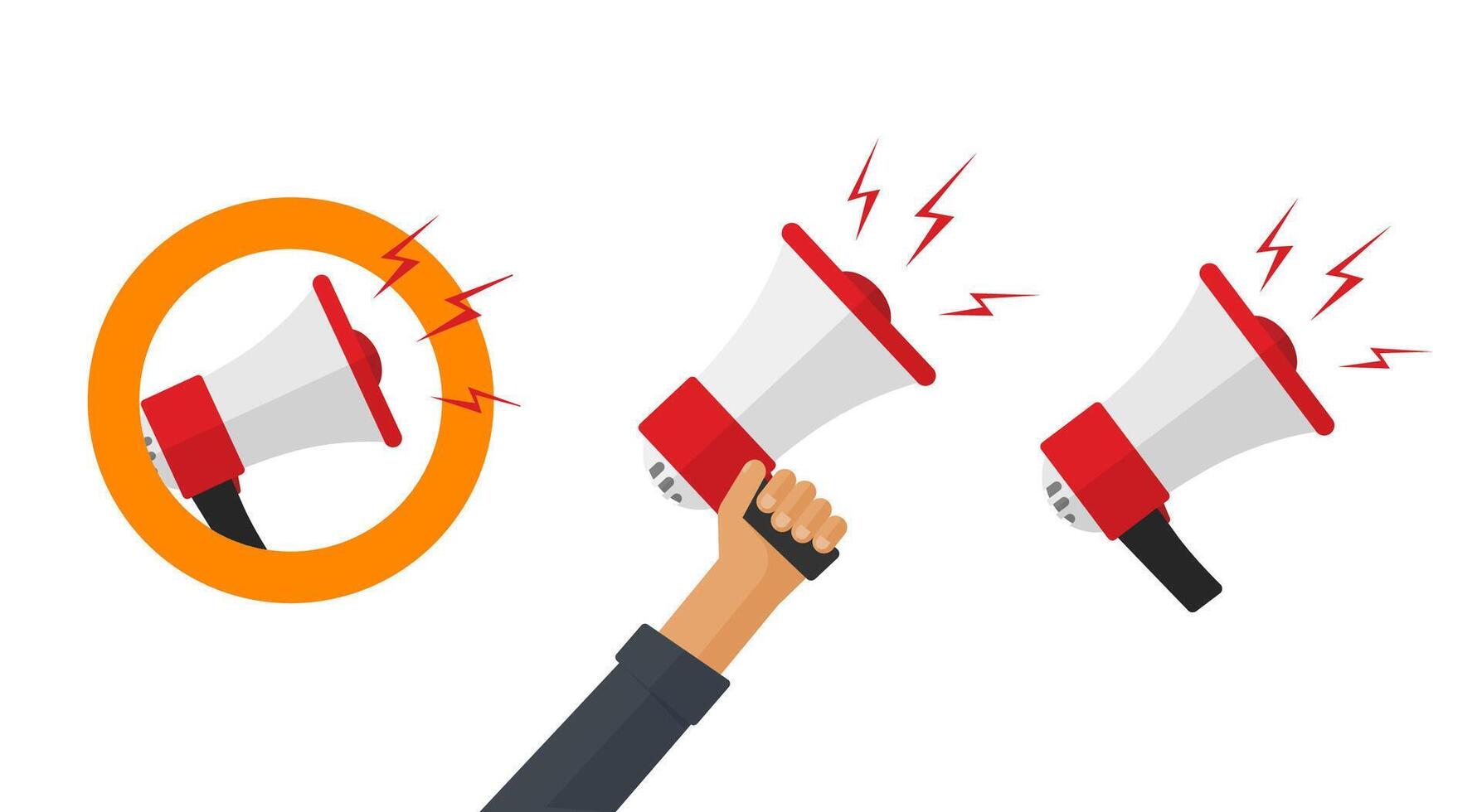 Megaphone loudspeaker icons set in hand with loud speak announce or bullhorn shout caution alert message symbol flat cartoon illustration modern clipart vector