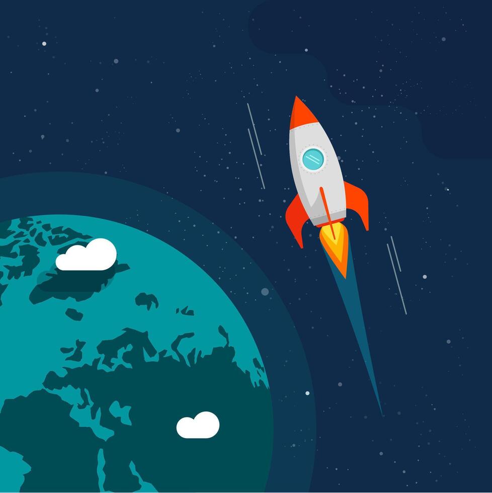 Rocket flight in space near earth orbit illustration, rocketship spaceship flying around planet in universe, starts flat cartoon design vector