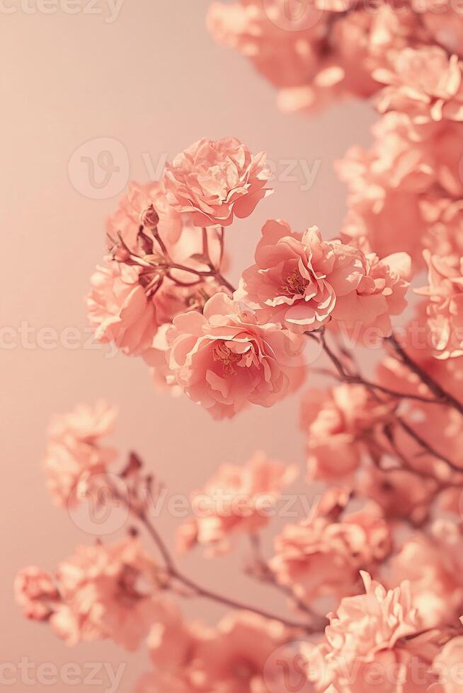 Softly blending dusty rose and pale peach shades create an elegant backdrop, adorned with delicate blooming flowers for a warm and inviting ambiance photo