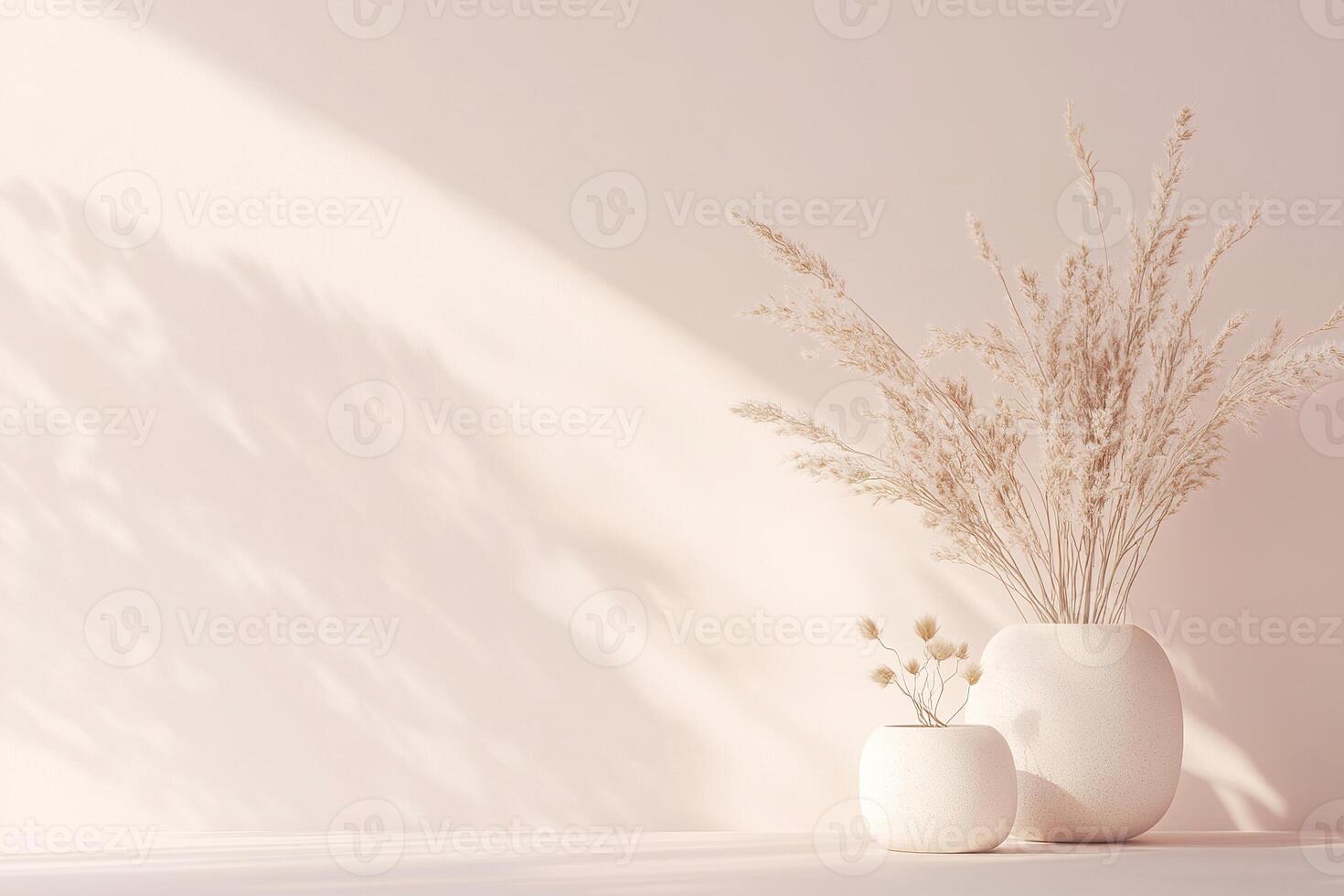 A soft gradient transitions from blush pink to cream with golden hues, featuring minimalist white vases holding dried flowers, creating a calming atmosphere perfect for elegant designs photo