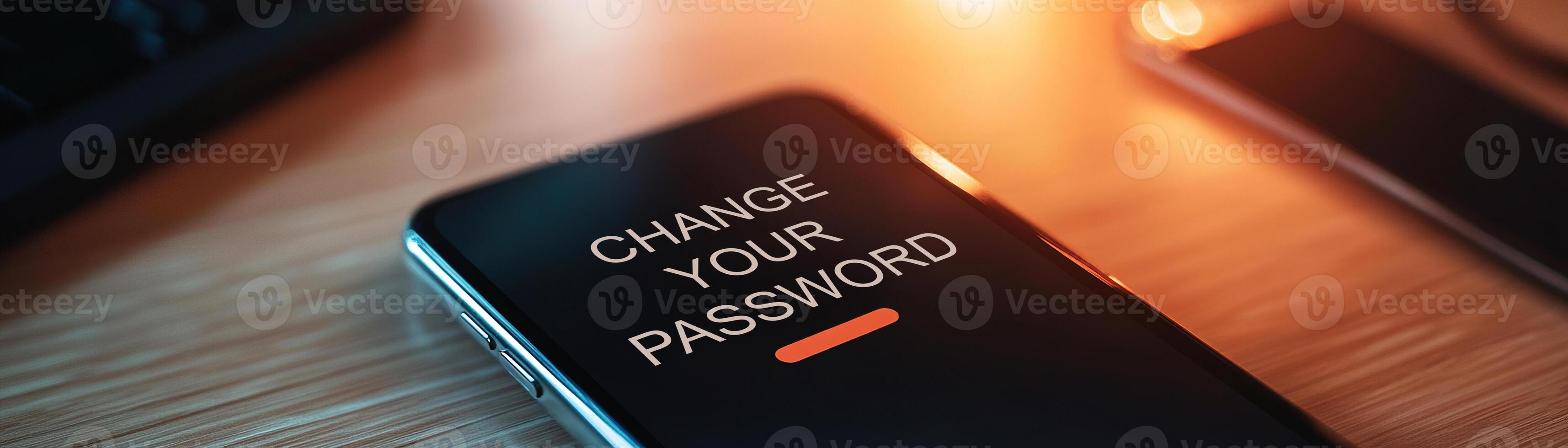 Smartphone screen displays a change your password notification against a blurred desk in the background. Light reflections enhance the sleek appearance, creating an engaging view photo