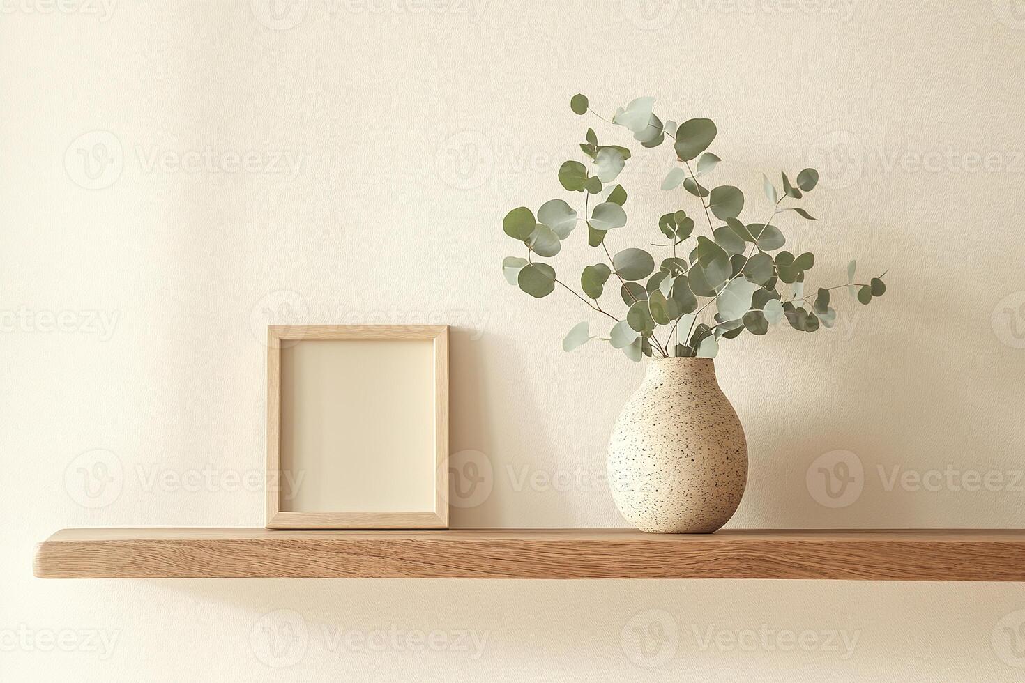 A natural wood frame leans against a light wall, positioned beside a speckled vase filled with eucalyptus leaves. This composition enhances a minimalist and organic aesthetic photo