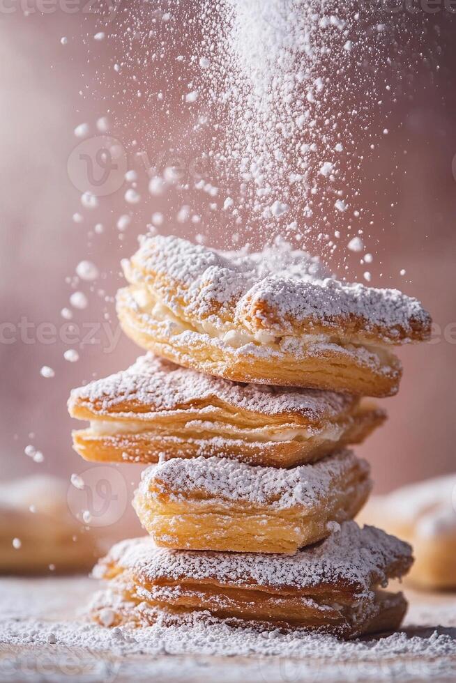 Freshly baked pastries steam subtly as powdered sugar elegantly cascades over them. The warm colors and blurred background enhance the delightful experience of this mouthwatering treat photo