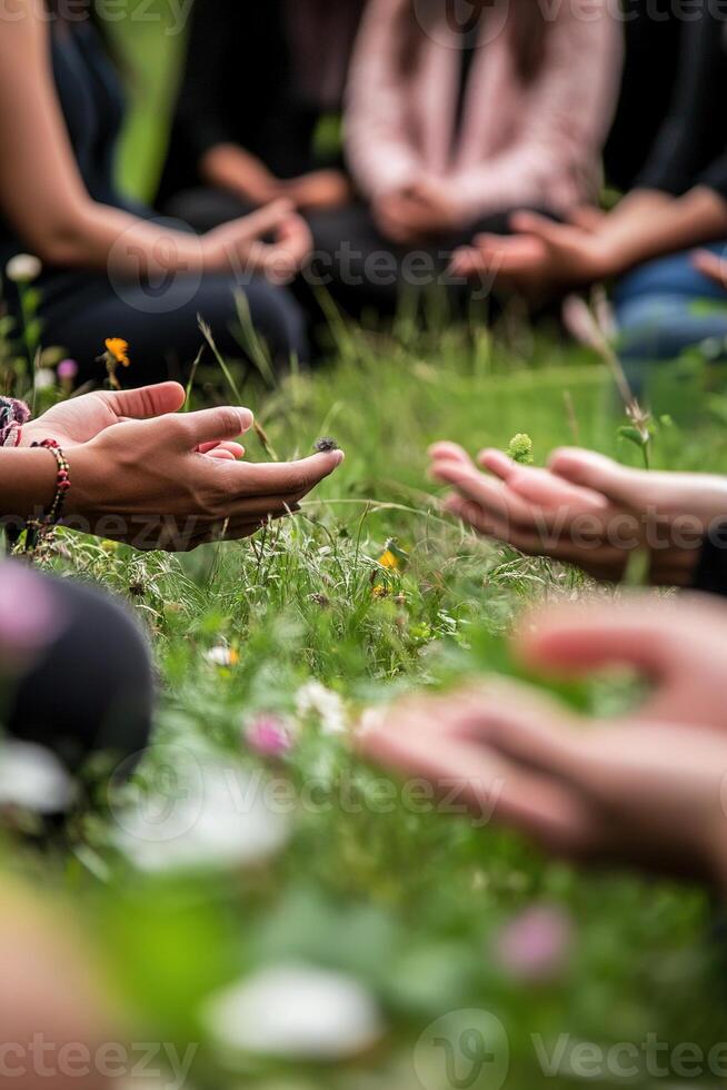 Individuals from various faiths sit together in a circle, holding hands in prayer or meditation, surrounded by lush grass and blooming flowers, fostering unity and peace photo