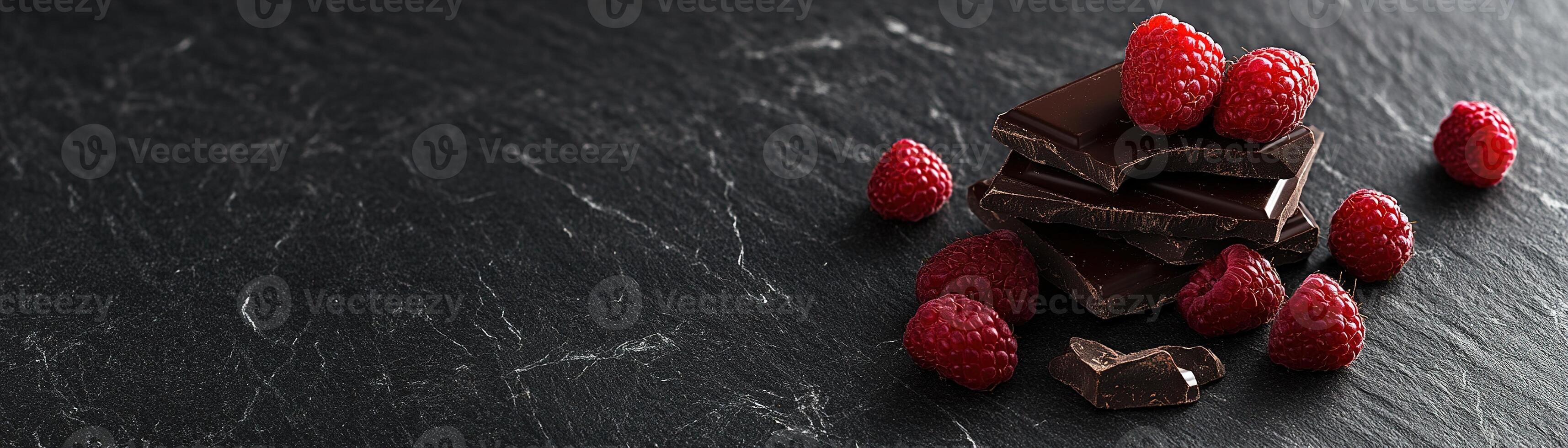 A lavish display showcases dark chocolate pieces stacked elegantly, surrounded by vibrant raspberries and strawberries on a textured black slate surface, perfect for culinary delights photo