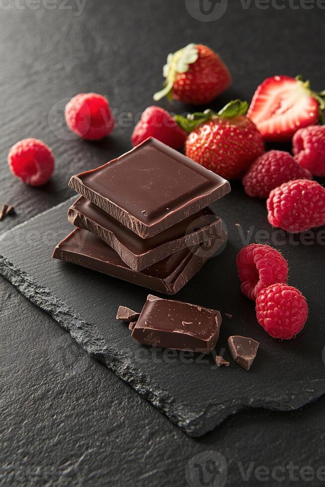 Delicious dark chocolate squares are stacked elegantly on a textured black slate. Surrounding them are fresh raspberries and strawberries, creating a vibrant and inviting display photo
