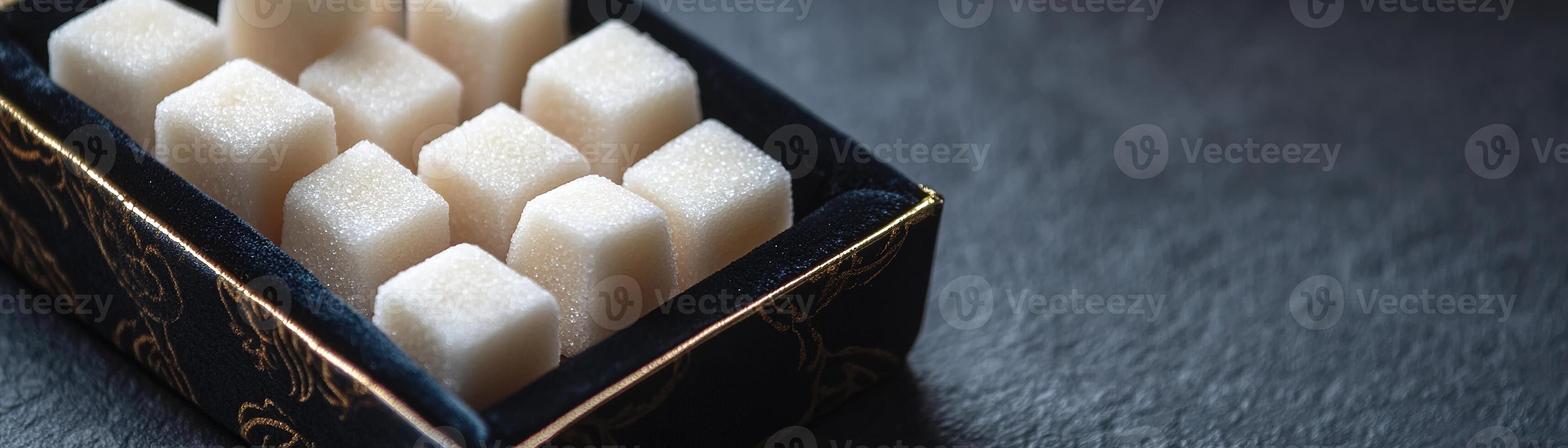 This luxurious product display showcases handcrafted sugar cubes arranged neatly in a velvet-lined box, accented with gold foil detailing. An elegant addition to any table setting photo