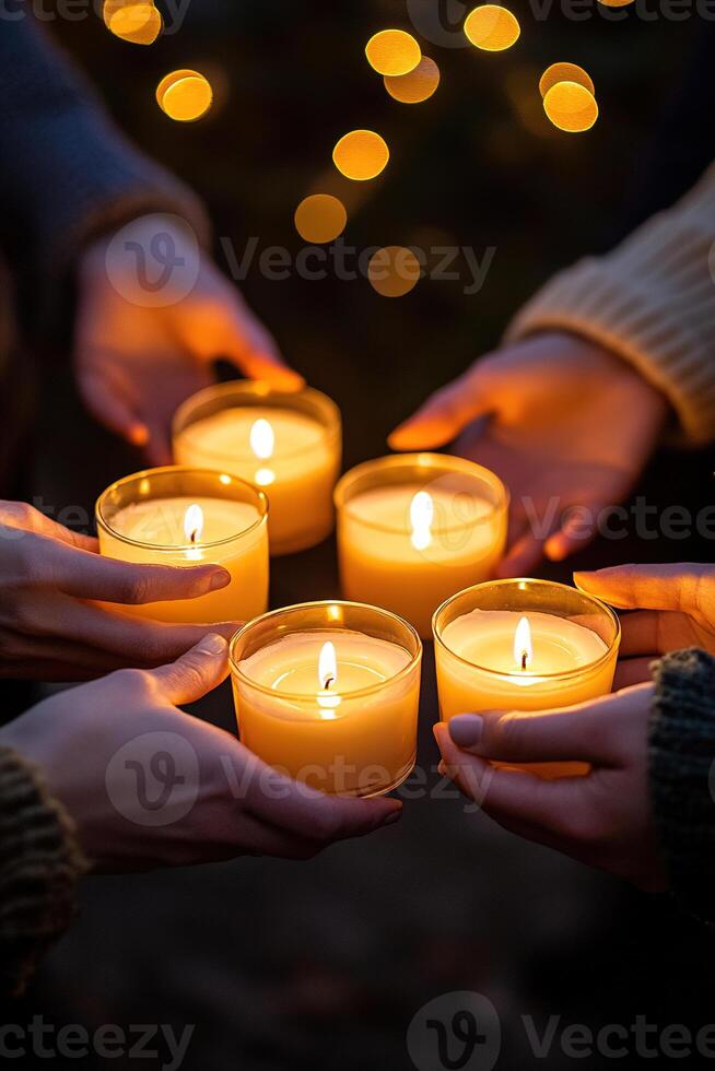 A diverse group of individuals surrounds a central candle, each holding a smaller lit candle. The gathering symbolizes unity and hope, radiating warmth against a soft background photo