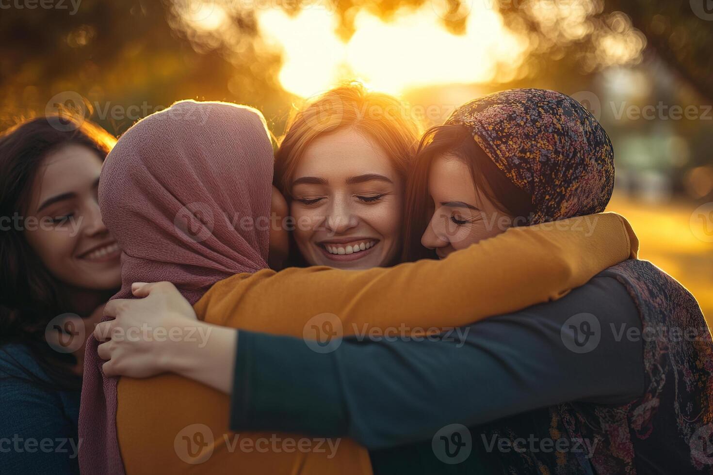 A diverse group of individuals from various faiths shares a heartfelt hug, standing closely together against a glowing backdrop of sunset. The atmosphere radiates warmth and inclusivity photo